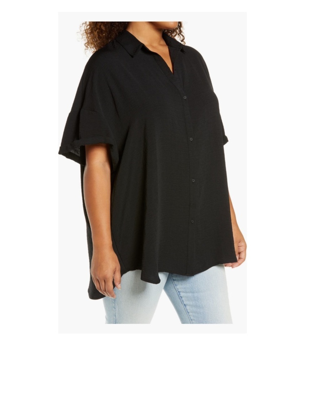 Black Button-Front Relaxed Women's Shirt - Picture 2 of 7